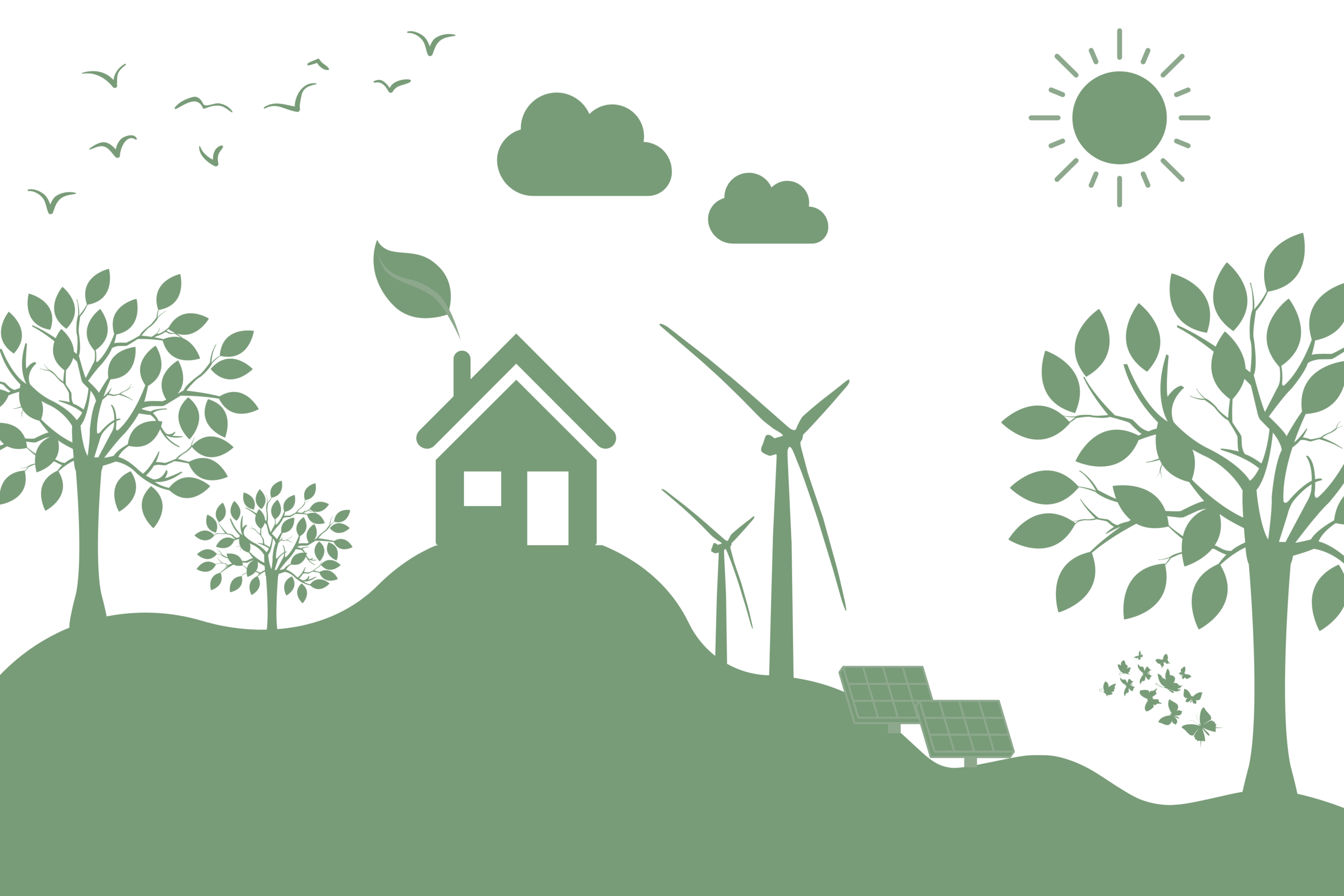 Il·lustració sobre sostenibilitat i estalvi energètic amb una casa, arbres i plaques solars