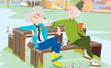 Il·lustració de dues persones grans passant el temps en un banc