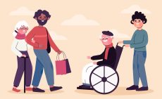 Il·lustració de dues persones joves ajudant a dues persones grans: un home acompanya una dona amb bastó que porta bosses de la compra, i una dona empeny un home gran en cadira de rodes.