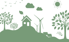 Il·lustració sobre sostenibilitat i estalvi energètic amb una casa, arbres i plaques solars