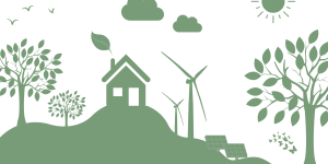 banner_assessorament_energetic Il·lustració sobre sostenibilitat i estalvi energètic amb una casa, arbres i plaques solars